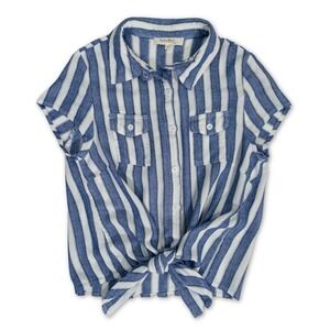 Rebellion Short Sleeve Blouse Girls Medium Blue Stripe Tie Front Button Up Shirt